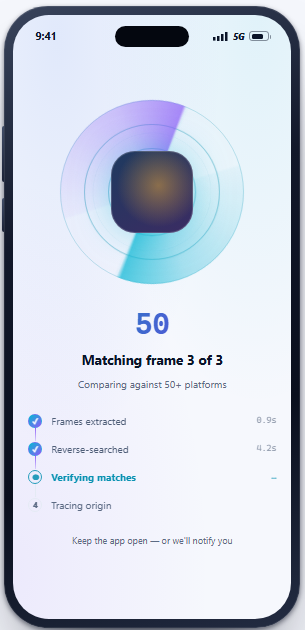 Mobile app scanning screen showing frame matching progress